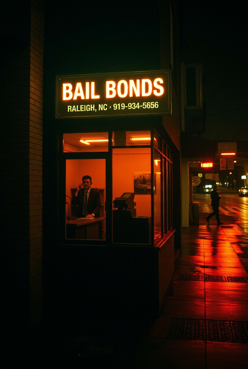 Bail bonds counter window glowing under neon at night, agent on the phone inside