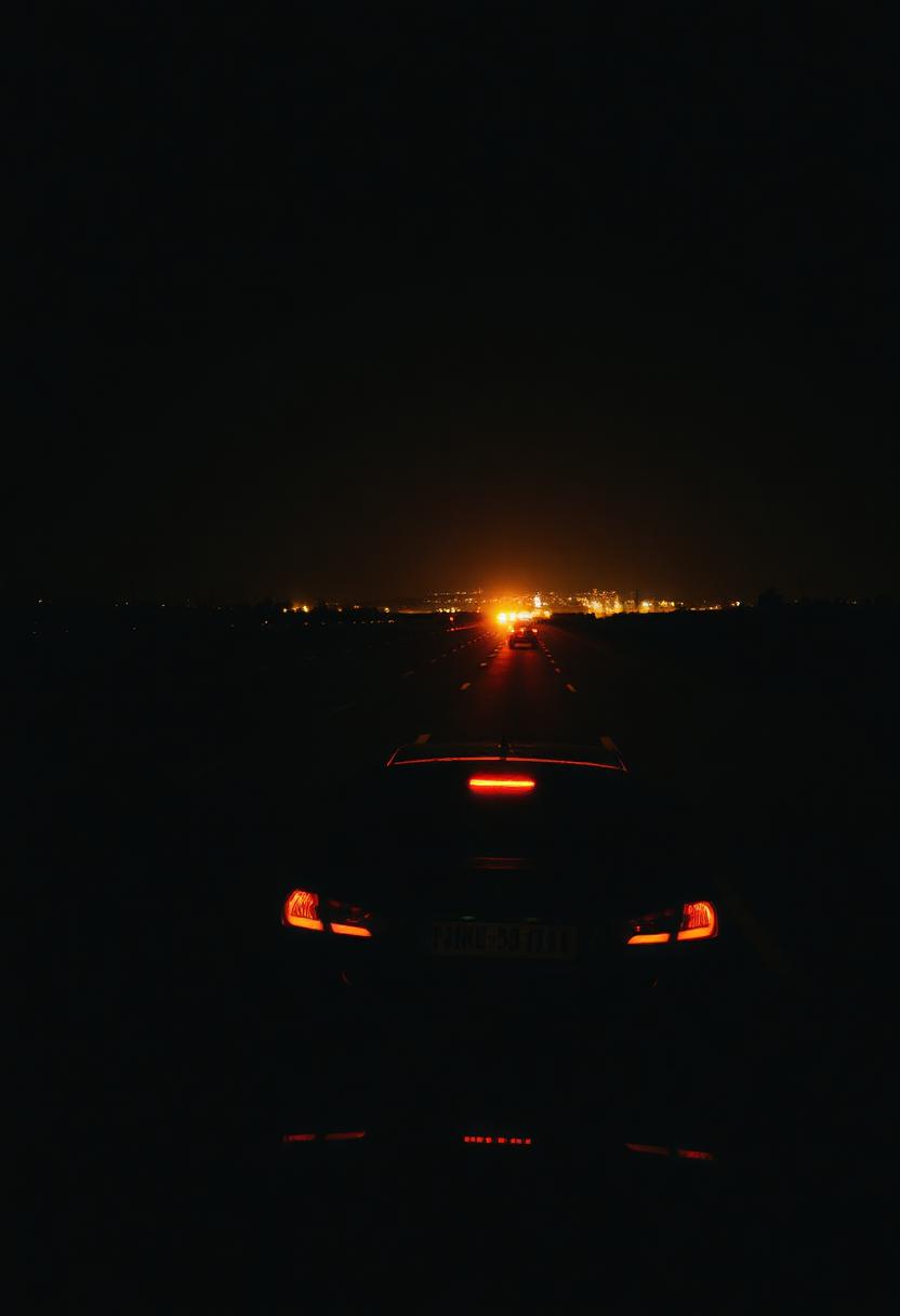 Sedan driving a dark highway at night toward distant city lights