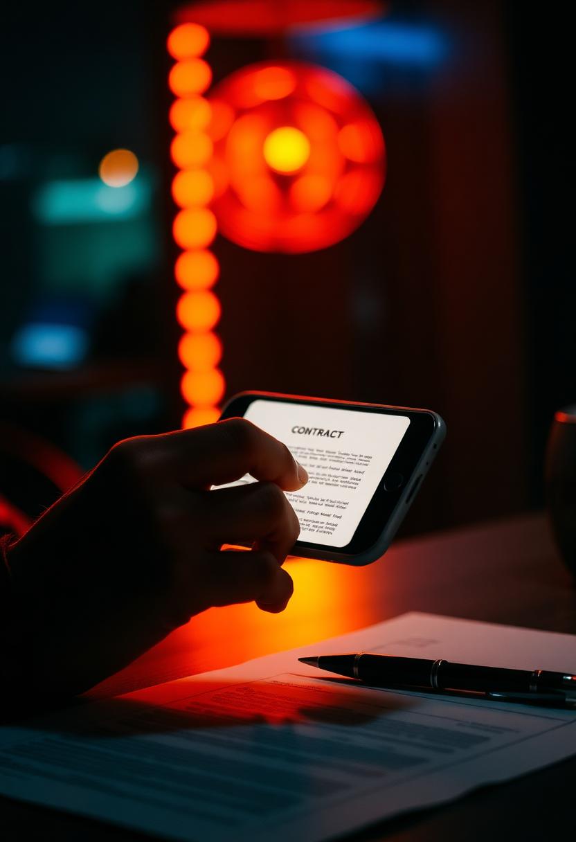 Hand signing a contract on a smartphone under warm neon light