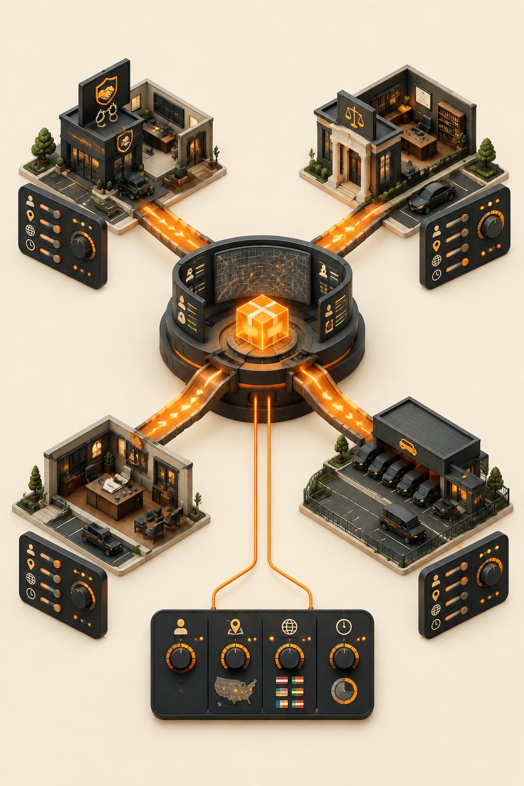 Isometric Hub routing system connecting professional Houses