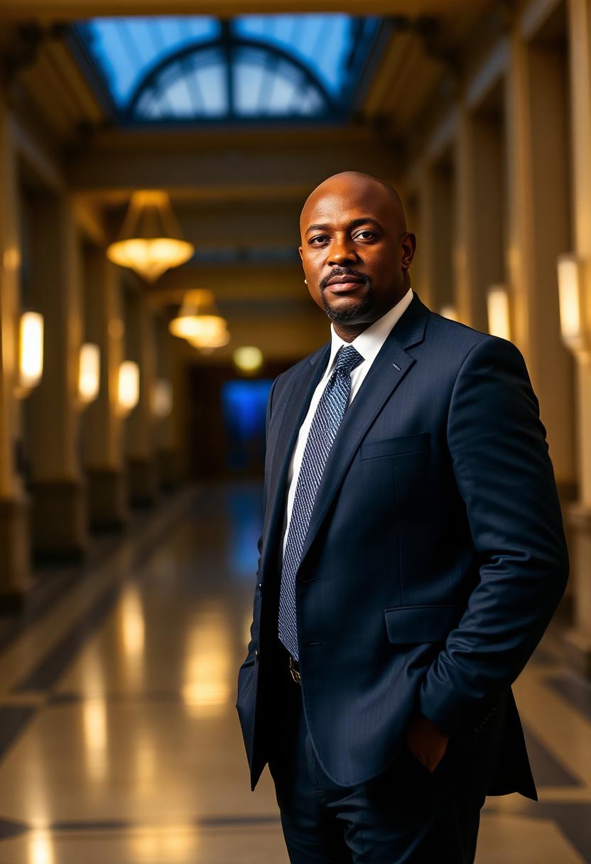 Defense attorney in a courthouse corridor